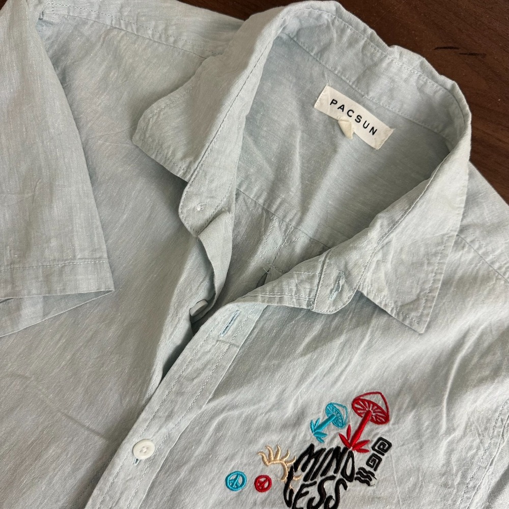 PacSun Shirt Light Blue Mushroom Embroidered Linen Peace Button Up Mens S